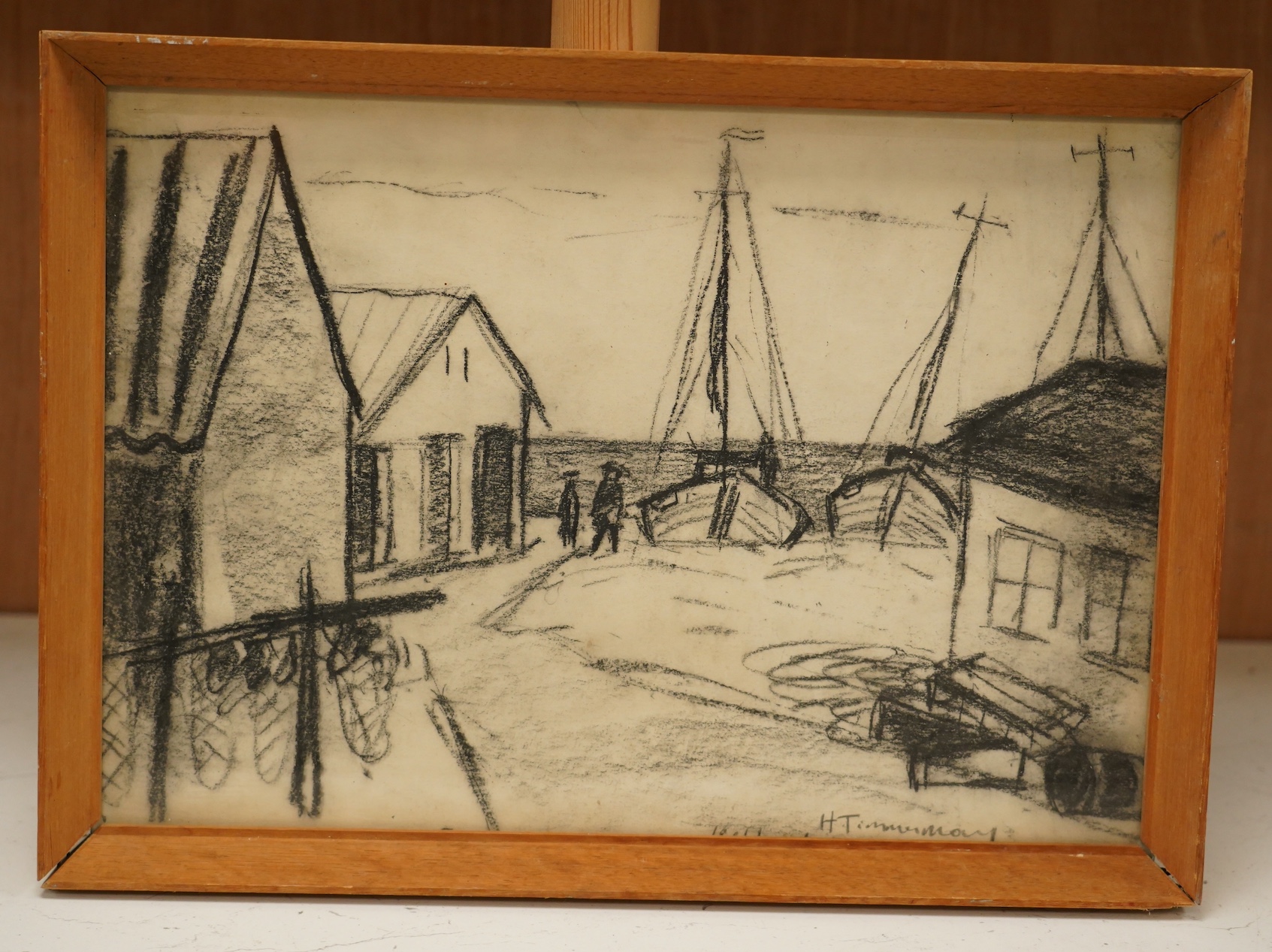 Irish School, charcoal, Harbour view with moored fishing boats, indistinctly inscribed, 28 x 40cm. Condition - fair